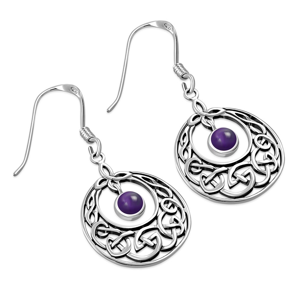Amethyst Stone Celtic Knot Silver Earrings - e307