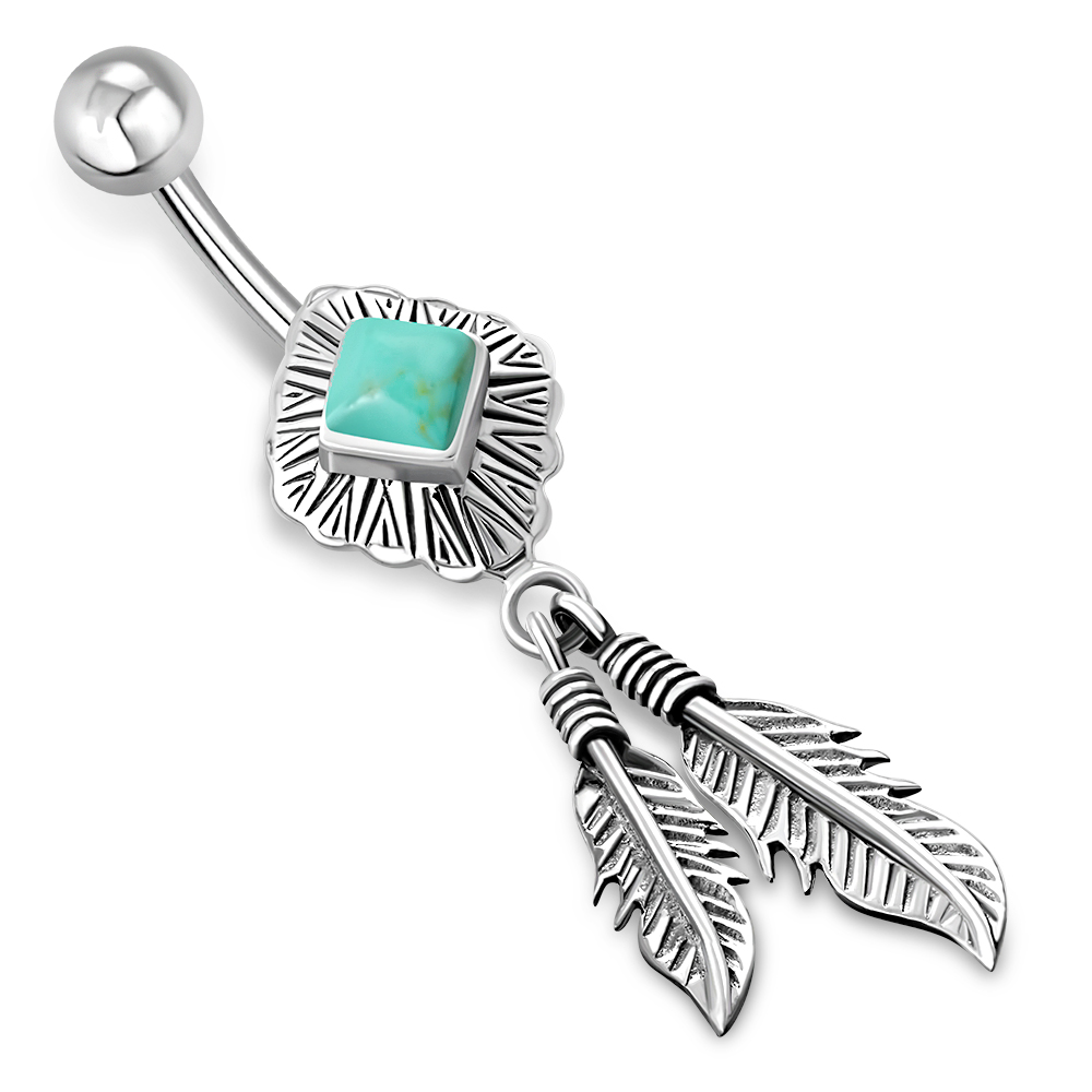 Native American Belly Button Ring w/ Turquoise 316L and Silver F299