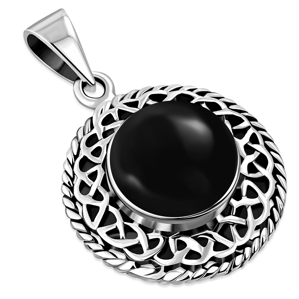 Round Black Onyx Celtic Knot Silver Pendant (P485OXC)