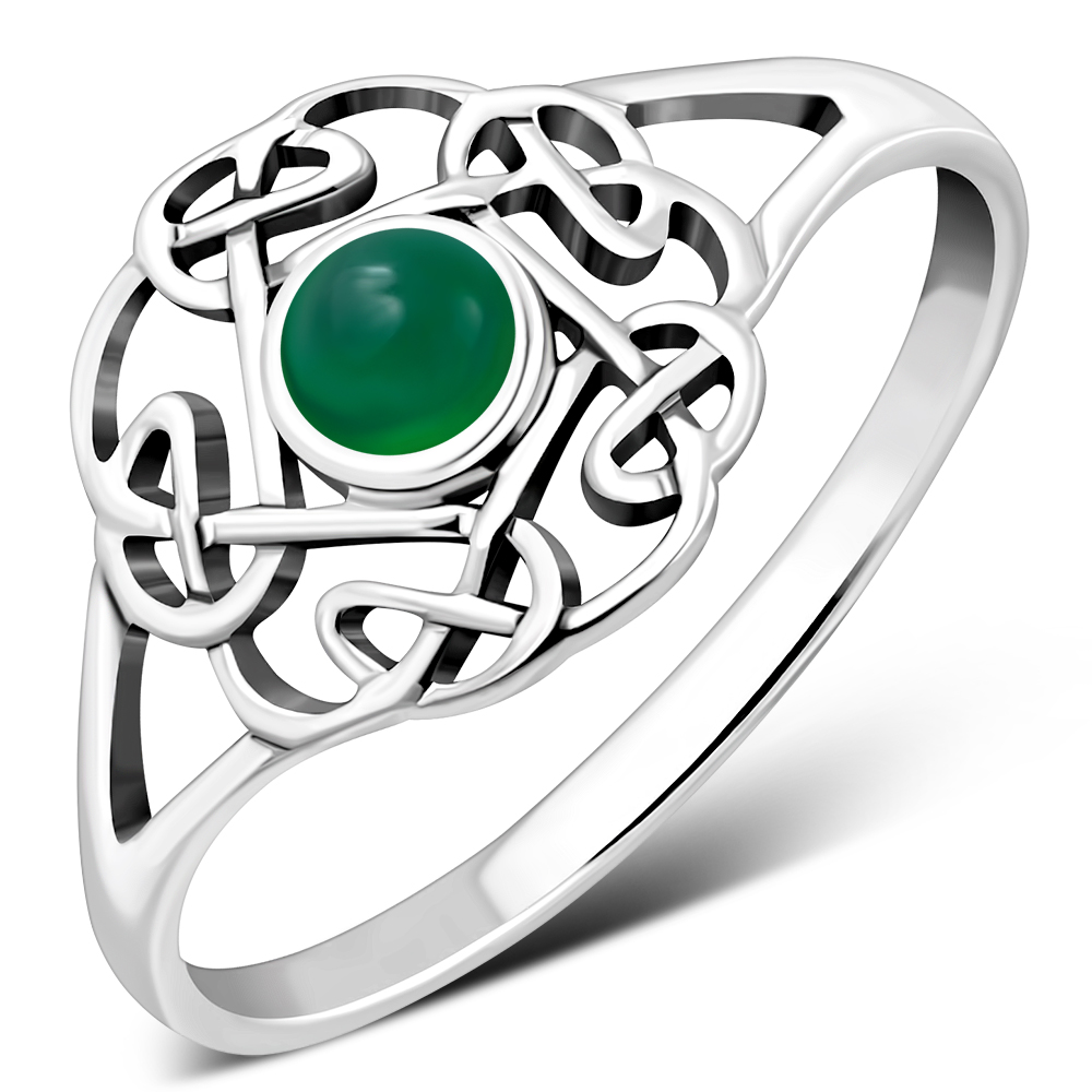 Green Agate Stone Round Celtic Knot Silver Ring - r596