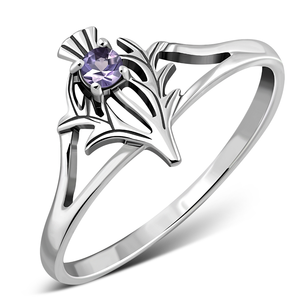 Amethyst Stone Celtic Knot Thistle Silver Ring - r597