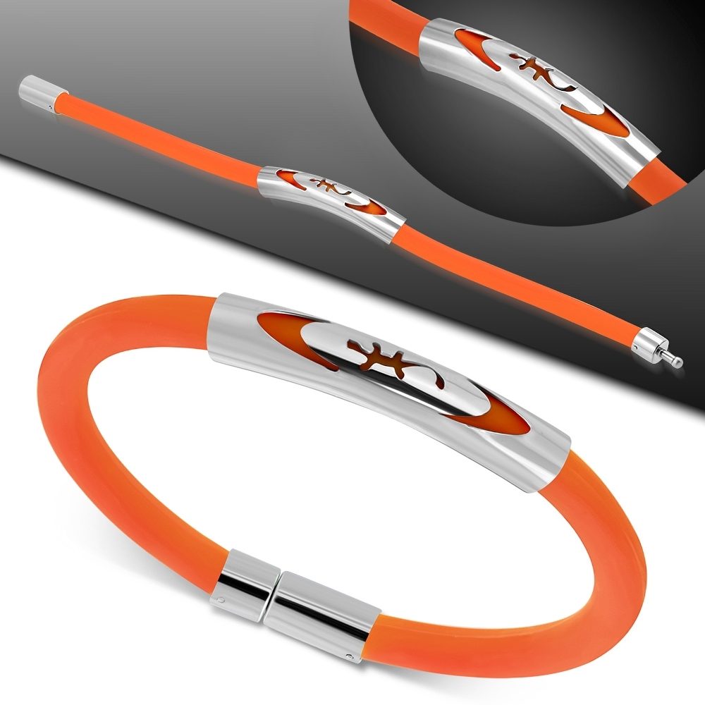 Orange Rubber w/ Stainless Steel Cut-out Spiral Lucky Lizard Watch-Style Bracelet - TCL123