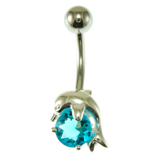Blue Topaz CZ Silver Dolphin Belly Ring, f113