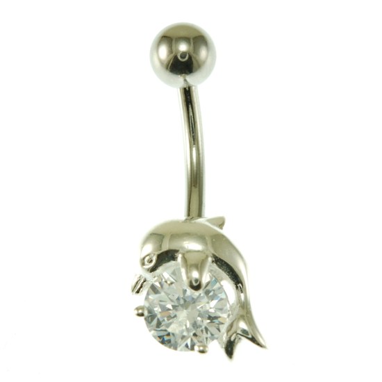 Clear CZ Silver Dolphin Navel Ring, f113