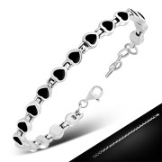 Black Onyx Love Heart Links Silver Bracelet, cb304