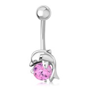  Pink CZ Silver Dolphin Belly Ring, f113