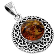 Round Baltic Amber Celtic Knot Silver Pendant (P485AM)