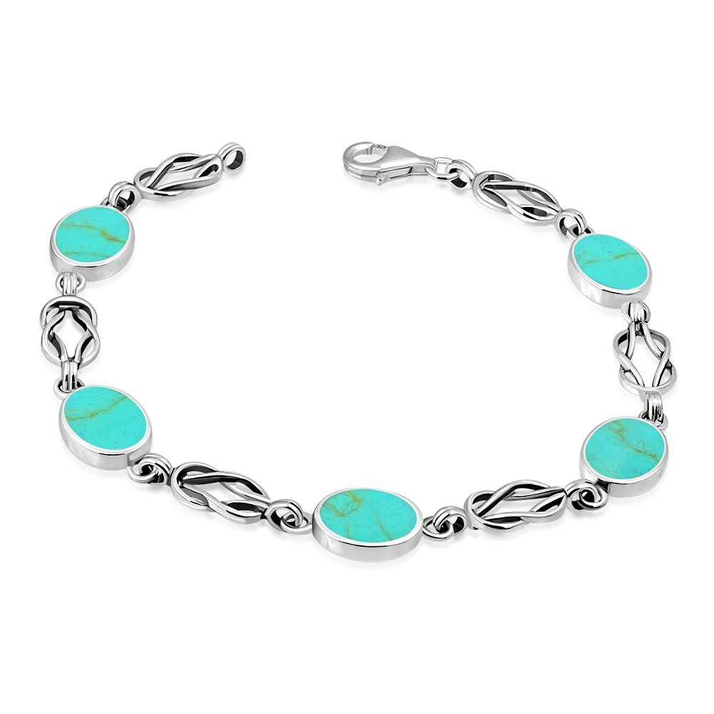 Stone Bracelets: Turquoise Oval Links Celtic Knot Silver Bracelet, cb292