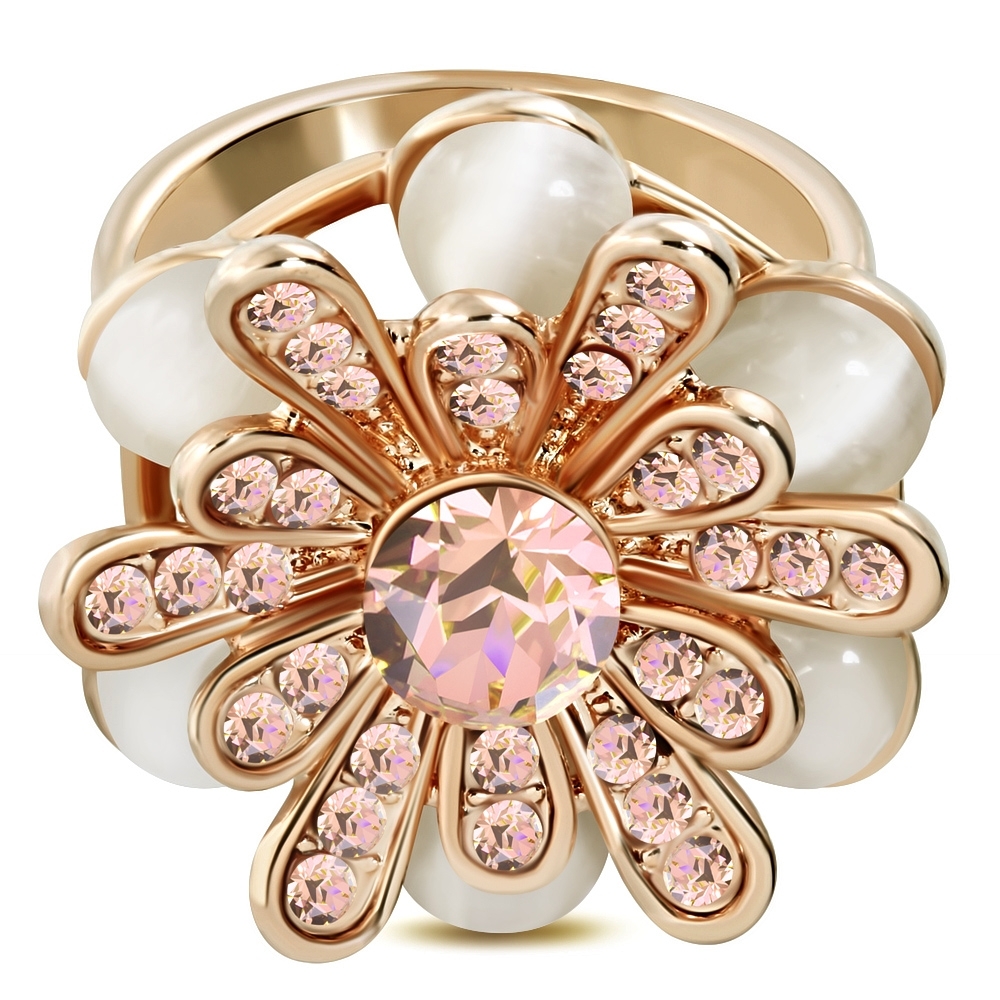 NRG 316L Jewelry Rose/Pink Gold Color Plated Flower Cocktail Ring with Clear CZ & Cats Eyes Stone 