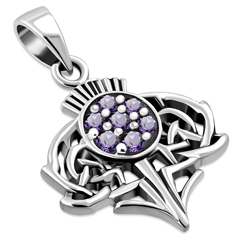 Sterling Silver Scottish Thistle Pendant Necklace With Purple Amethyst & 18" Chain