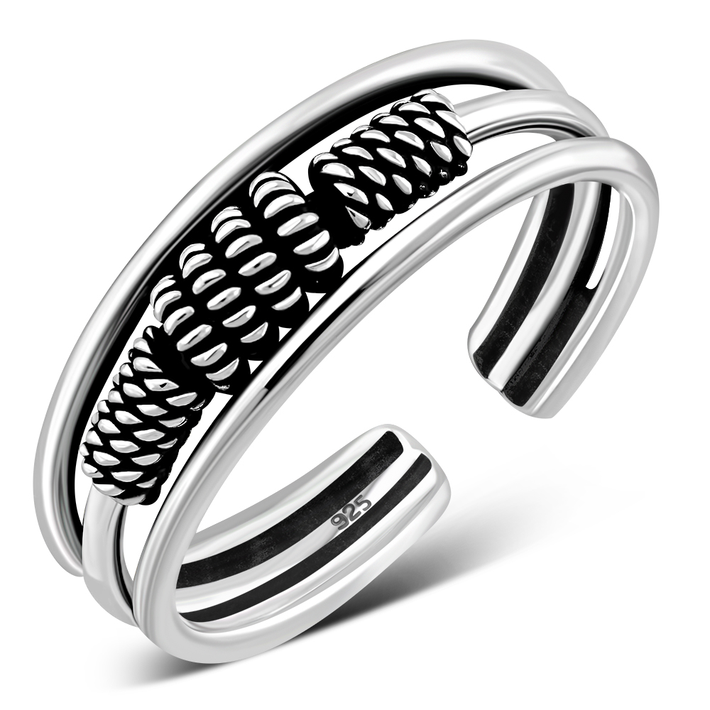 Bali Style Twisted Coil Tribal Sterling Silver Adjustable Open Toe Ring, tptr002