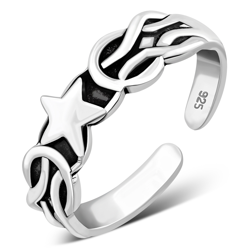 Star Tribal Knot Sterling Silver Adjustable Open Toe Ring, tptr005