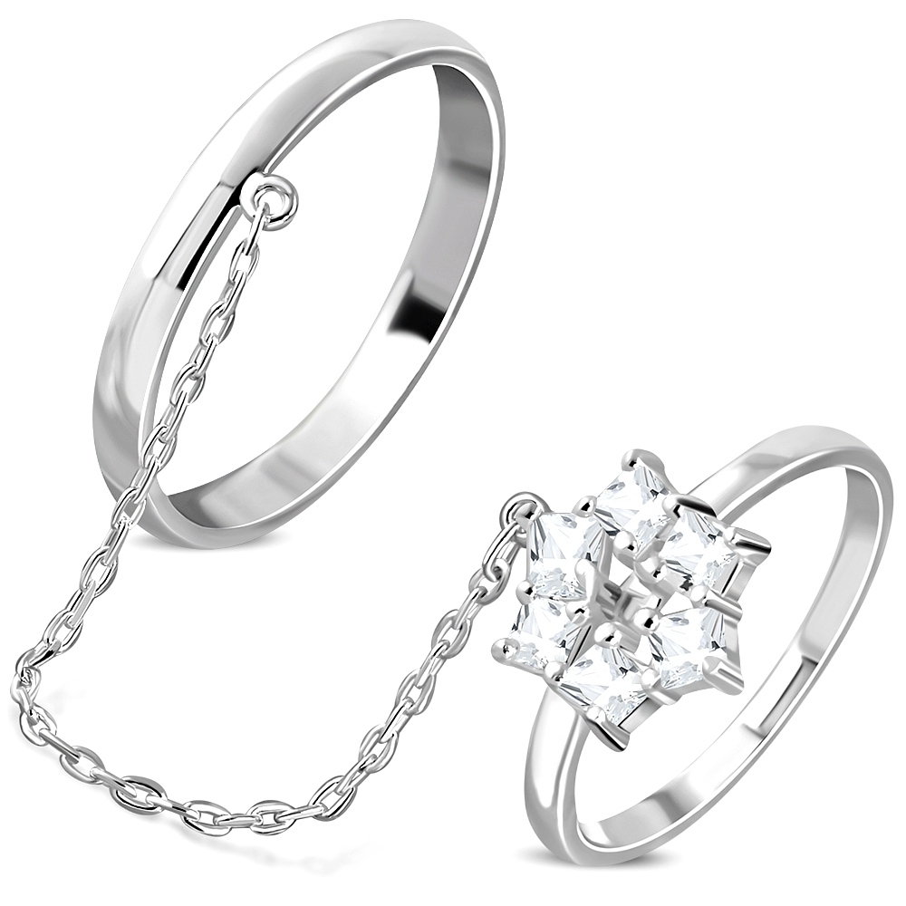 Brass w/ Silver Plating Micro Pave Flower Two Finger Chain Linking