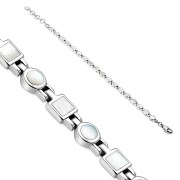 Mother Of Pearl Shell Square & Circle Links Silver Bracelet, cb301