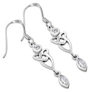 Clear CZ Long Celtic Trinity Dangling Silver Earrings - e213