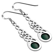 Green Agate Celtic Silver Long Drop Dangle Hook Earrings - e297