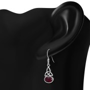 Garnet Stone Celtic Trinity Knot Silver Earrings - e300
