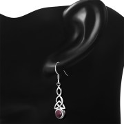 Long Garnet Stone Trinity Knot Sterling Silver Earrings, e301