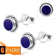 6pairs, Lapis Lazuli Round Stud Silver Earrings - e369