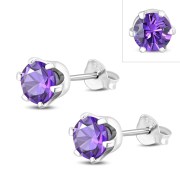 5mm Round Prong-Set Amethyst  CZ Sterling Silver Stud Earrings - e444