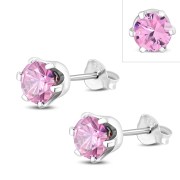 5mm Round Prong-Set Rose Pink CZ Sterling Silver Stud Earrings - e444