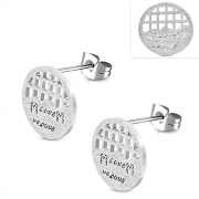 Stainless Steel Sandblasted Filigree Grid Love Monogram Round Circle Stud Earrings (pair) - ERR712
