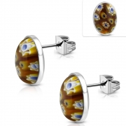 Stainless Steel Colorful Glass Flower Oval Stud Earrings (pair) - ERS032