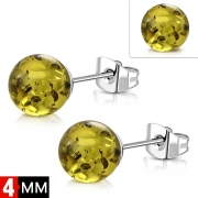 4mm Stainless Steel Green Amber Beads Ball Stud Earrings (pair) - EWX292