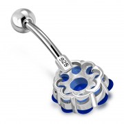 Blue Sapphire CZ Round Victorian Style Silver Navel Ring, f120