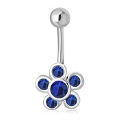 Blue Sapphire CZ Flower Belly Button Silver Navel Ring, f163