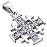 Jerusalem Cross Silver Pendant set w Amethyst Genuine Stone, p452