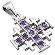 Small Amethyst CZ Jerusalem Cross Silver Pendant, p452
