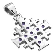 Small Amethyst CZ Jerusalem Cross Silver Pendant, p452