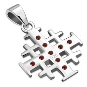 Small Garnet CZ Jerusalem Cross Silver Pendant, p452