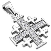 Small Clear CZ Jerusalem Cross Silver Pendant, p452