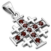Jerusalem Cross Silver Pendant set w Garnet Stone, p452