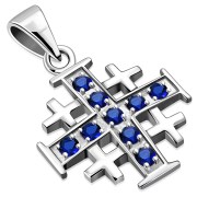 Blue Sapphire CZ Jerusalem Cross Silver Pendant, p452