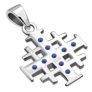 Blue Sapphire CZ Jerusalem Cross Silver Pendant, p452