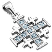 Blue Topaz CZ Jerusalem Cross Silver Pendant, p452