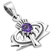 Tiny Silver Thistle Pendant set w Amethyst CZ, p455