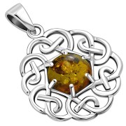 Baltic Amber Round Celtic Knot Silver Pendant, p461
