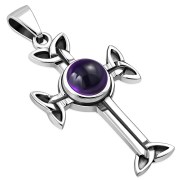 Medium Celtic Trinity Knot Cross Silver Pendant, set w Amethyst Genuine Stone