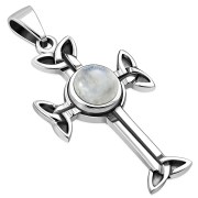 Rainbow Moon Stone Trinity Knot Cross Silver Pendant, p463