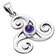 Celtic Triskele Triple Spiral Silver Pendant w Amethyst Genuine Stone, p481
