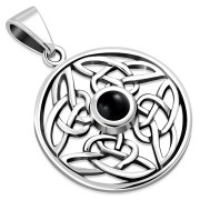 Round Black Onyx Celtic Knot Silver Pendant, p482
