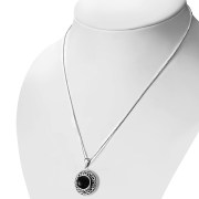 Round Black Onyx Celtic Knot Silver Pendant (P485OXC)