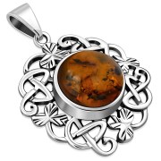 Amber Celtic Knot Shamrock leaves Silver Pendant, p486