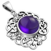 Amethyst Genuine Stone Celtic Knot Shamrock leaves Silver Pendant, p486