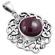 Garnet Celtic Knot Shamrock leaves Silver Pendant, p486