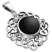 Black Onyx Celtic Knot Shamrock leaves Silver Pendant, p486